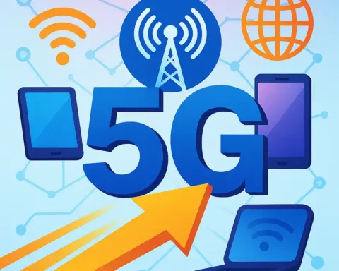 Ilustración colorida con el texto 5G en el centro, rodeado de dispositivos conectados y varios icones, representando la velocidad y conectividad del 5G.