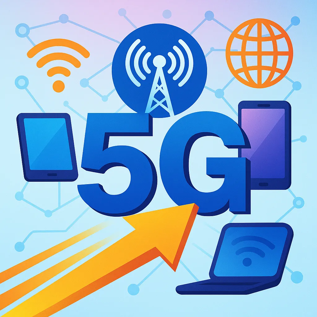 Ilustración colorida con el texto 5G en el centro, rodeado de dispositivos conectados y varios icones, representando la velocidad y conectividad del 5G.