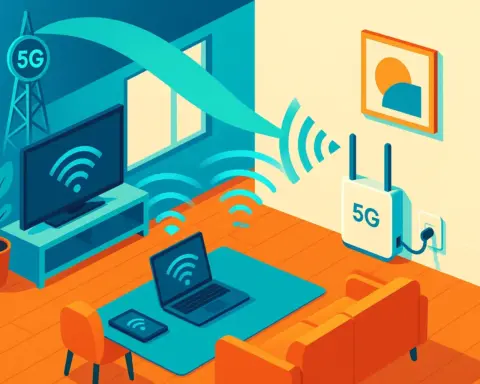 Ilustración de un router 5G en un salón, recibiendo una señal inalámbrica del exterior y distribuyendo WiFi a un portátil y una TV, mostrando una conexión doméstica sin cables.