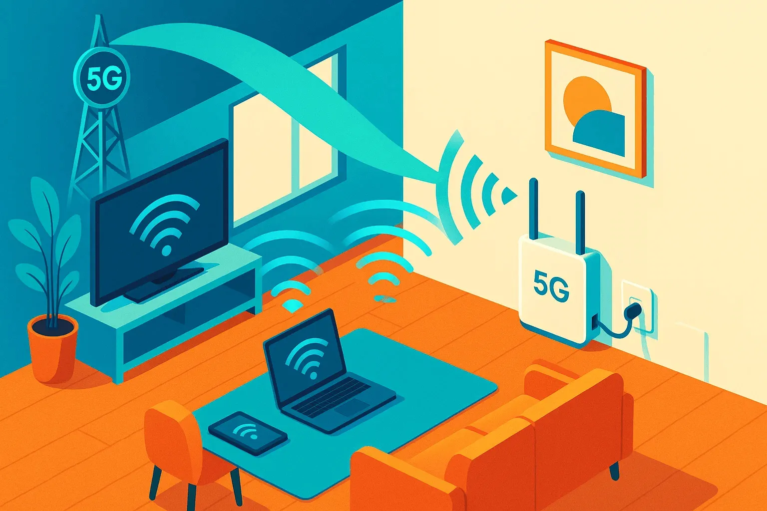 Ilustración de un router 5G en un salón, recibiendo una señal inalámbrica del exterior y distribuyendo WiFi a un portátil y una TV, mostrando una conexión doméstica sin cables.