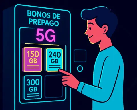 Ilustración de una persona eligiendo un bono de prepago 5G de una máquina expendedora, simbolizando la libertad y el control de las tarifas sin contrato.