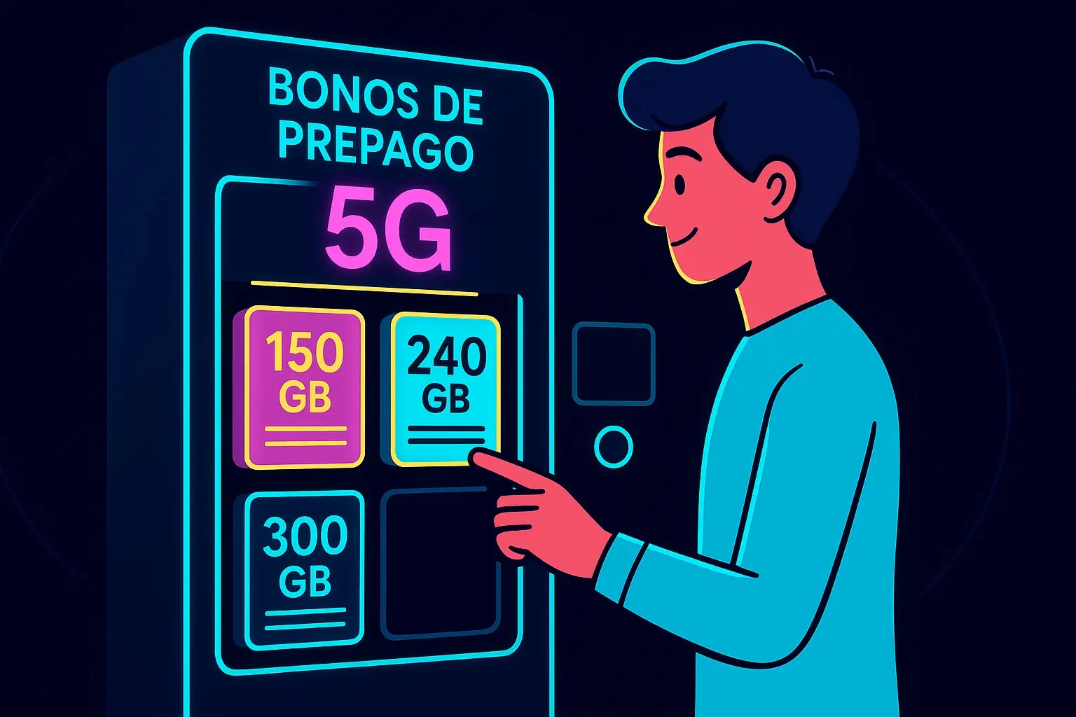 Ilustración de una persona eligiendo un bono de prepago 5G de una máquina expendedora, simbolizando la libertad y el control de las tarifas sin contrato.