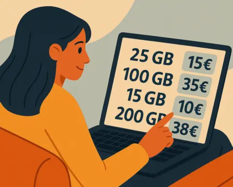 Mujer revisa tarifas móviles 5G en su portátil con diferentes gigas y precios