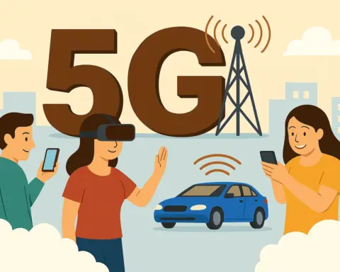 Personas con móviles y VR en ciudad 5G, con antena y coche azul en fondo beige con cielo celeste