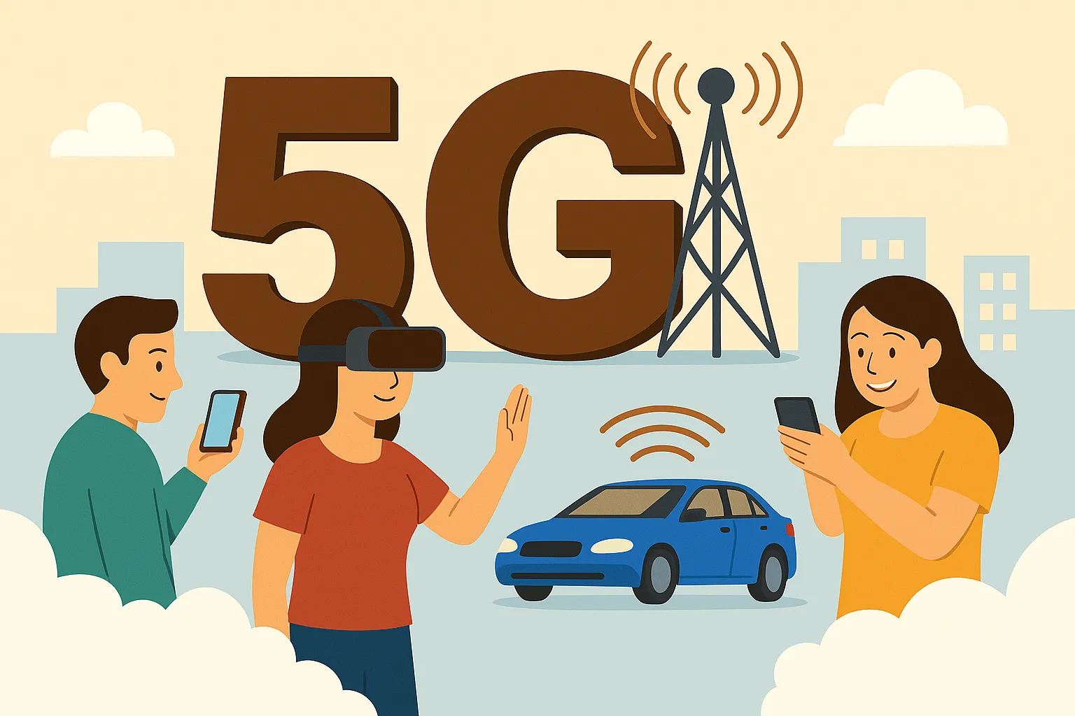 Personas con móviles y VR en ciudad 5G, con antena y coche azul en fondo beige con cielo celeste