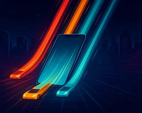 Ilustración de cuatro estelas de luz de colores compitiendo en velocidad hacia un smartphone, simbolizando el test de velocidad real entre los operadores 5G.